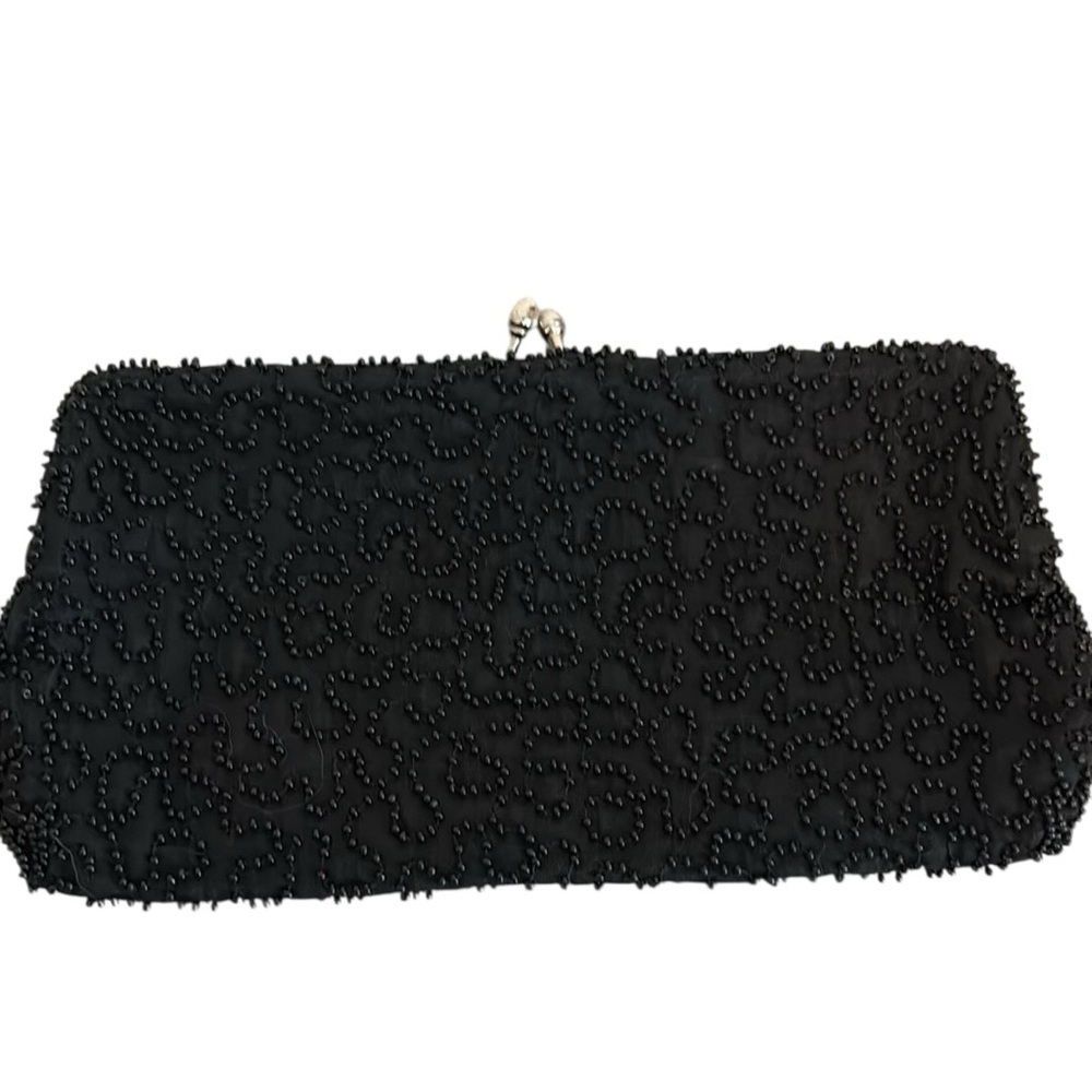 Vintage Carson Pirie Scott Beaded Clutch Silver Kiss Lock Closure Black - Picture 3 of 6